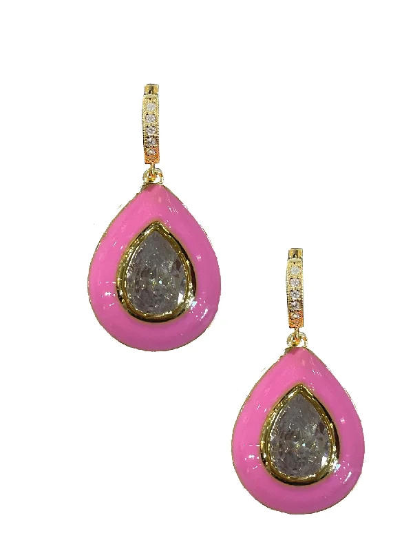 women's vintage-style earrings-Pink Enamel Bezel Teardrop Huggies