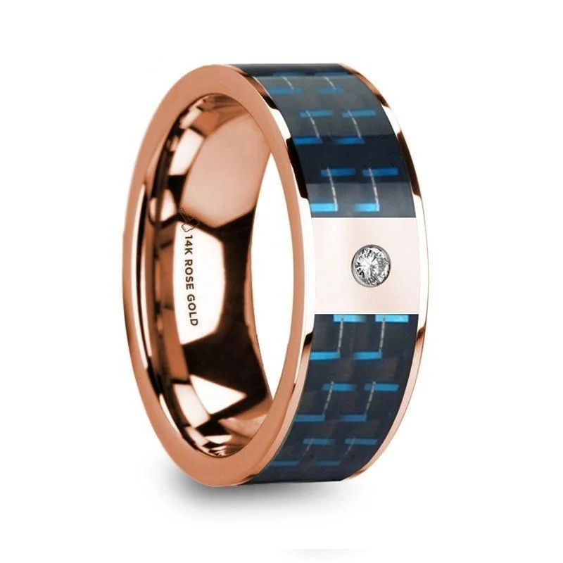 bridal rings with engagement stones-KYROS Polished 14k Rose Gold Diamond Wedding Ring with Blue & Black Carbon Fiber Inlay - 8mm