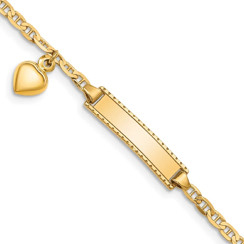 women's crystal bracelets-Engravable 14KT Yellow Gold 6-inch 5MM Anchor Link Heart ID Bracelet