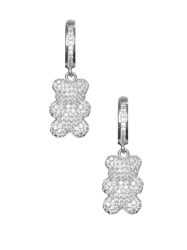 women's drop earrings-Gummy Bear Hoops/Charms - Silver Clear Crystal