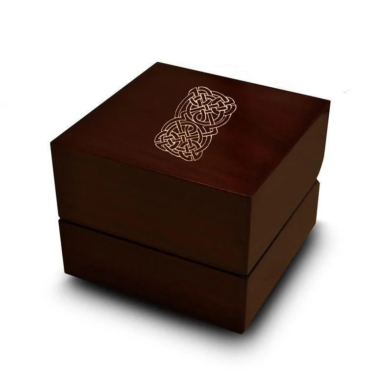 halo engagement rings-Double Stacked Celtic Knot Engraved Chocolate Dark Wood Personalized Wooden Wedding Ring Box