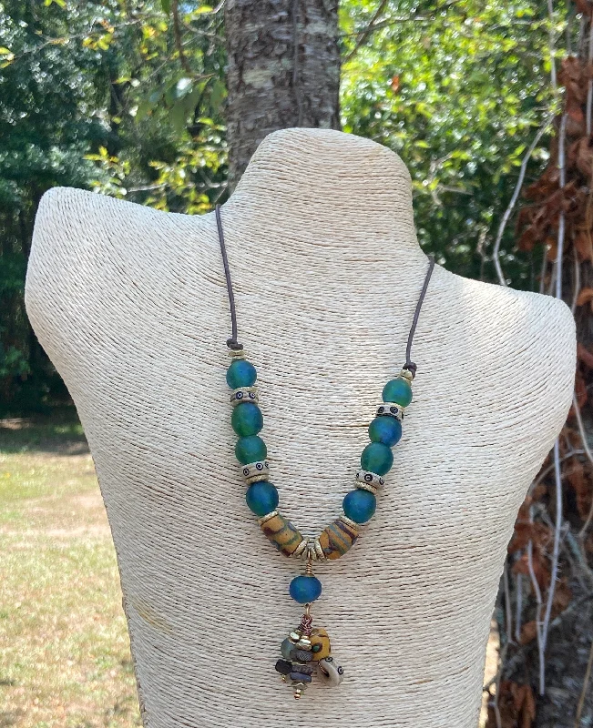 women's high-end necklaces-Blue Green Recyled Glass Bead Necklace