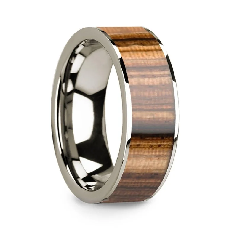 emerald cut engagement rings-Men’s Polished 14k White Gold & Zebra Wood Inlay Flat Wedding Ring - 8mm