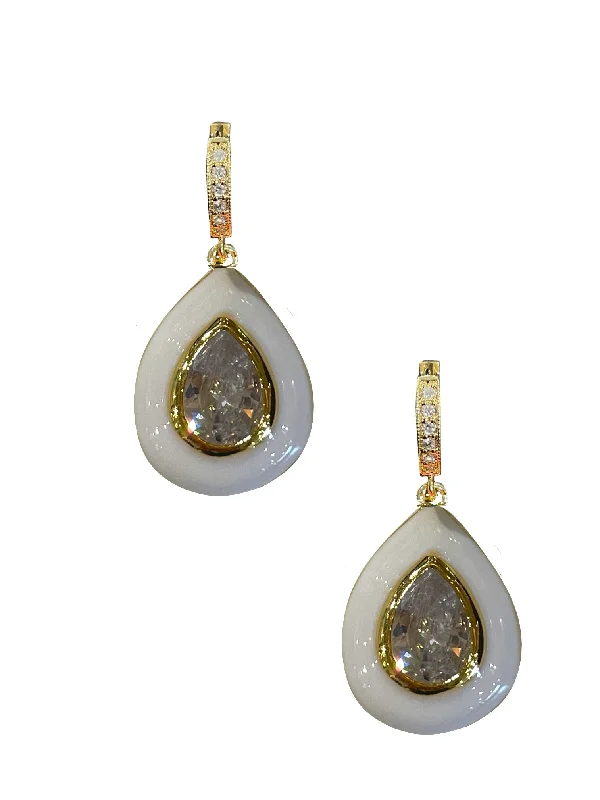 women's delicate earrings-White Enamel Bezel Teardrop Huggies