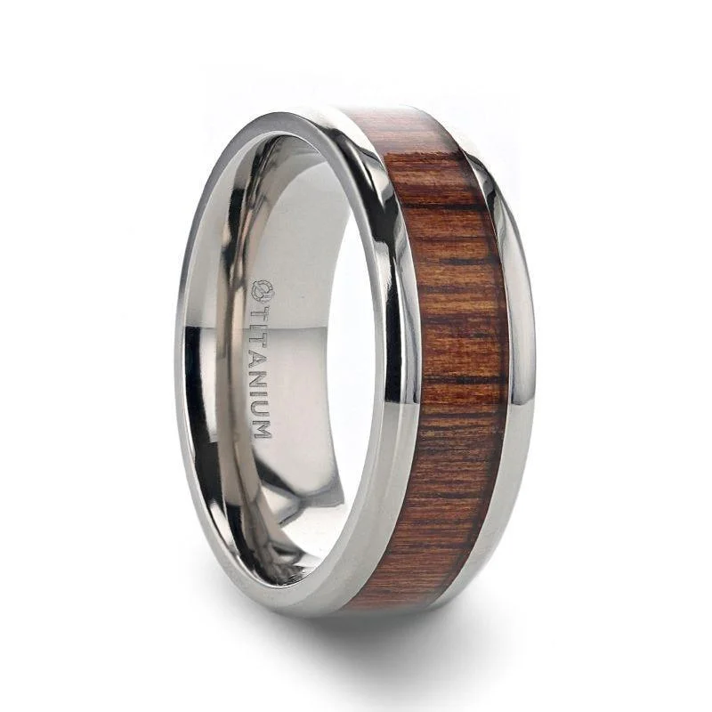 engagement rings for women-KOAN Titanium Polished Finish Koa Wood Inlaid Men’s Wedding Ring with Beveled Edges - 6mm & 8mm