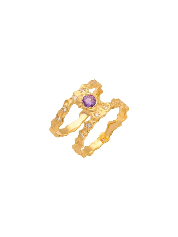 women's vintage rings-February Birthstone 18K Gold Ring w. Amethyst & Sapphires