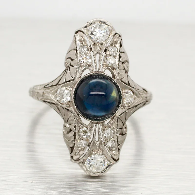 women's turquoise rings-Antique Art Deco Cabochon Sapphire Cocktail Ring - 18k White Gold & Diamonds