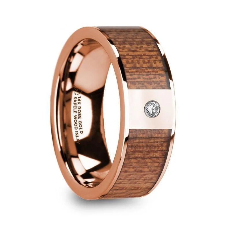 designer engagement rings-NIKEPHOROS Sapele Wood Inlaid Polished 14k Rose Gold Men’s Wedding Ring with Diamond Center - 8mm