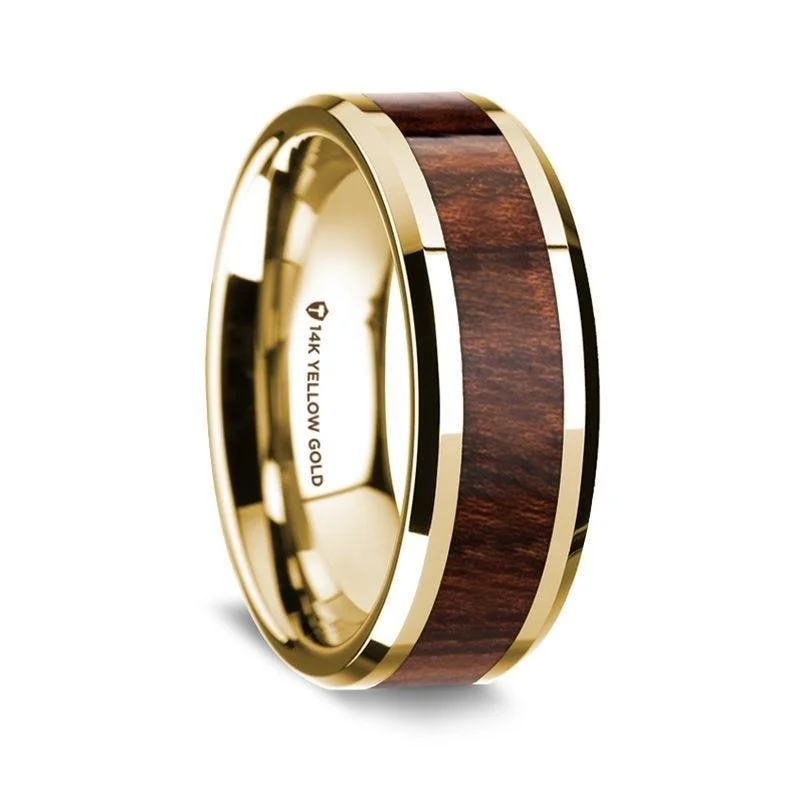 wedding bands and engagement rings-14K Yellow Gold Polished Beveled Edges Wedding Ring with Carpathian Wood Inlay - 8 mm