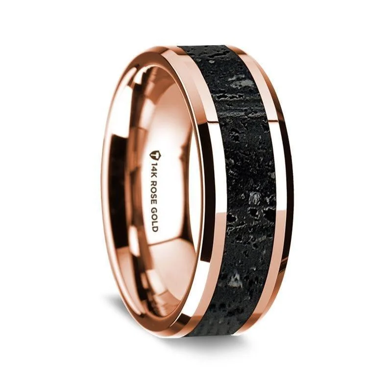 wedding engagement rings-14K Rose Gold Polished Beveled Edges Wedding Ring with Lava Inlay - 8 mm