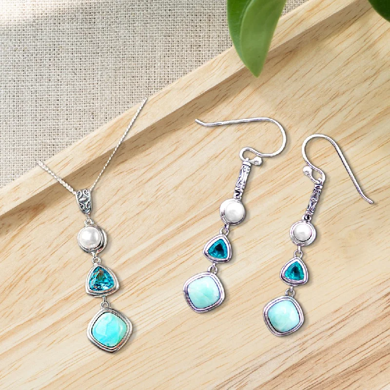 women's simple stud earrings-Silver Larimar Set