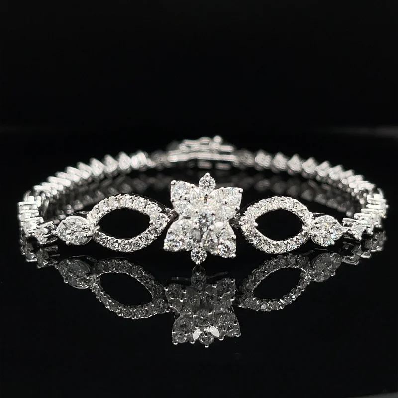 women's modern bracelets-Diamond Floral Cluster 3.40ctw Teardrop Halo Tennis Bracelet in 18k White Gold - #318 BRDIA088325