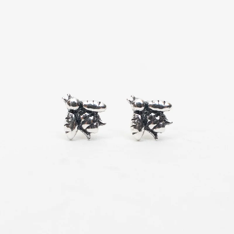 women's flower earrings-Tiny Silver Bee Studs