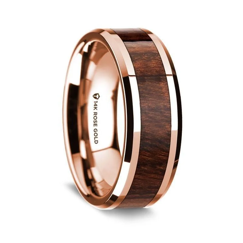 ethical engagement rings-14K Rose Gold Polished Beveled Edges Wedding Ring with Carpathian Inlay - 8 mm