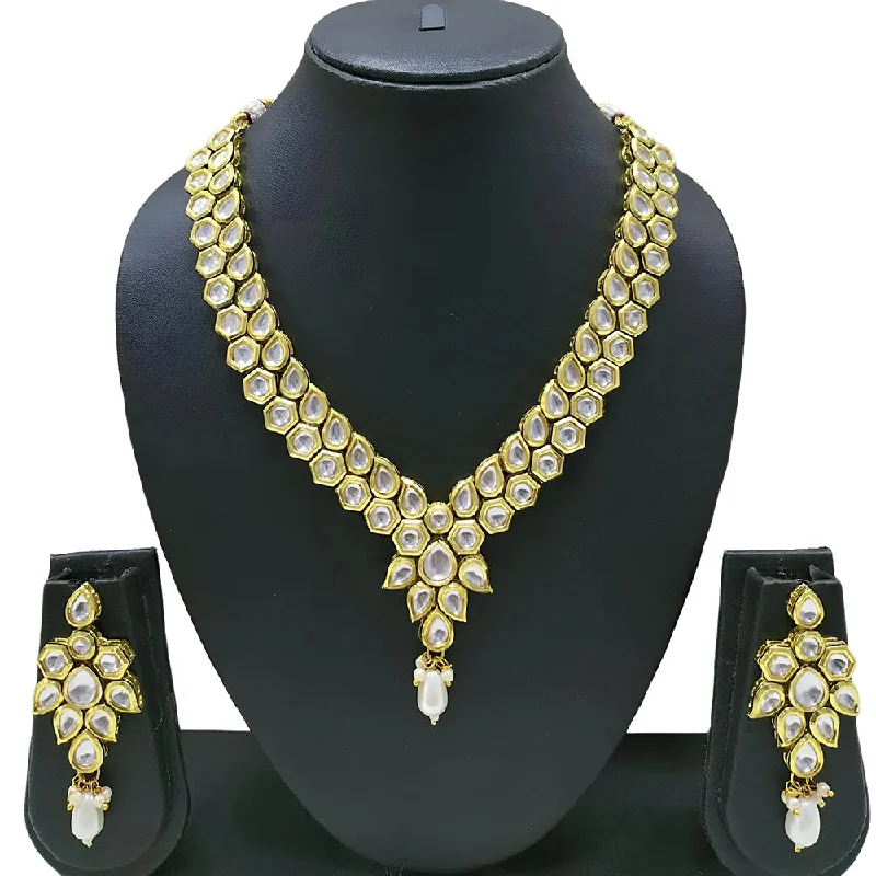 women's heart-shaped necklaces-Gehana Mahal Gold Plated Kundan Necklace Set