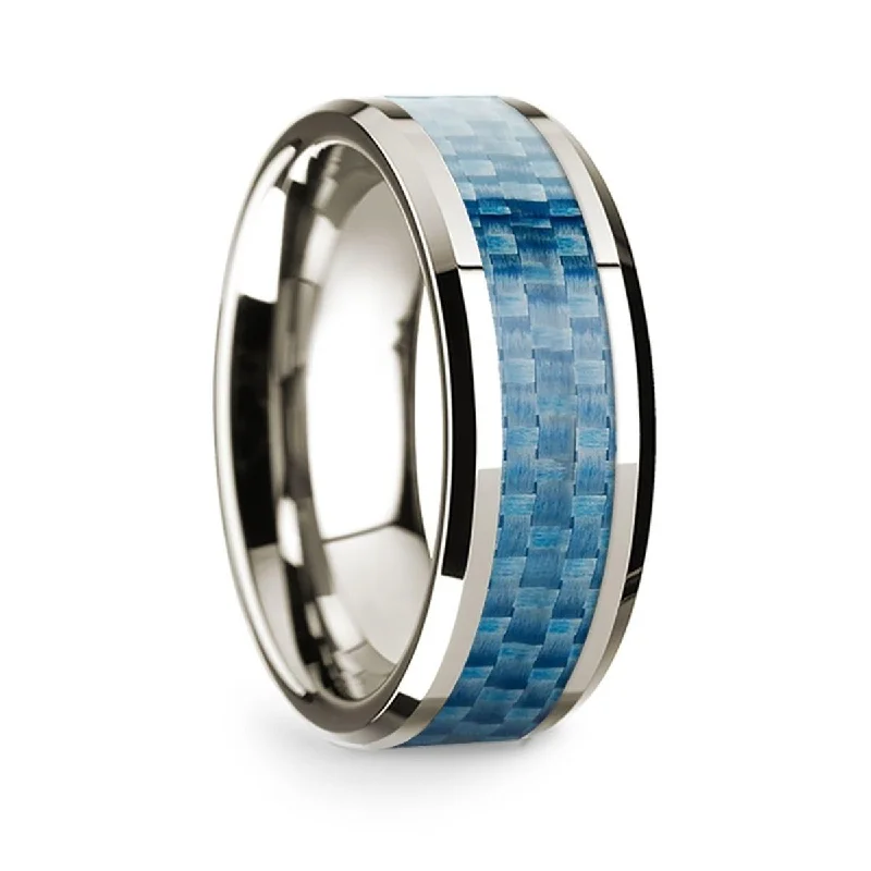 bridal engagement rings-14k White Gold Polished Beveled Edges Wedding Ring with Blue Carbon Fiber Inlay - 8 mm