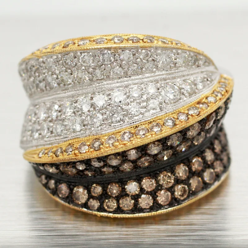 women's eternity rings-Two-Tone Chocolate & White Diamond Cocktail Ring - 18k Yellow/White Gold Band