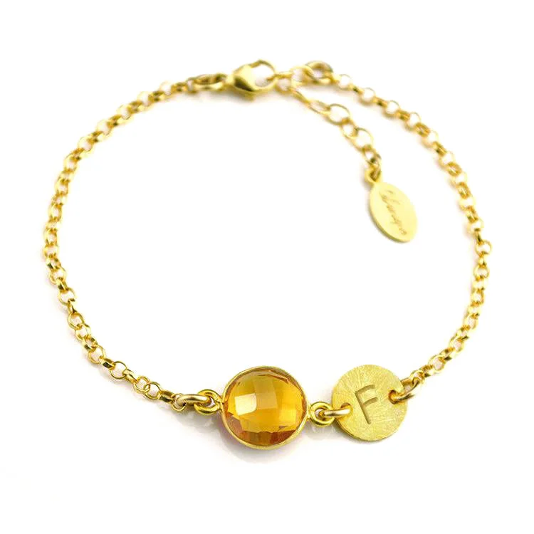 women's stackable bracelets-Personalized Citrine Bracelet with Initial Charm • November Birthstone