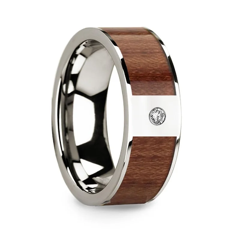 modern engagement rings-Polished 14k White Gold Men’s Wedding Ring with Rosewood Inlay & Diamond Center - 8mm