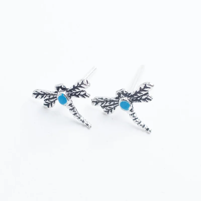 women's cubic zirconia earrings-Silver Turquoise Dragonfly Studs