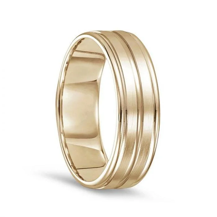 modern diamond engagement rings-14k Yellow Gold Brushed Finished Polished Grooved Wedding Ring with Round Edges - 7mm