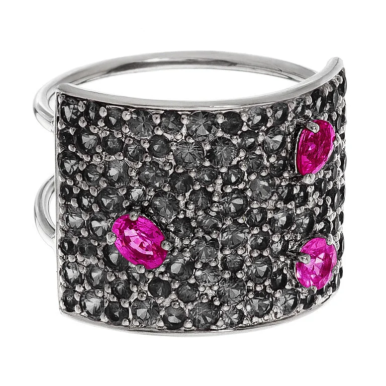 women's narrow-band rings-Stardust Ring Silver Black Diamond Ruby 16mm