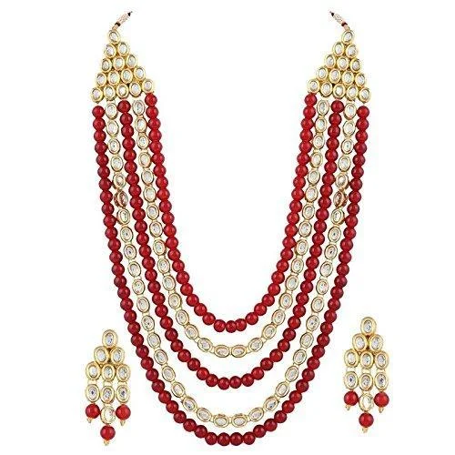 women's custom necklaces-Etnico 18K Gold Plated Kundan & Pearl Beaded Multi Strand Necklace Jewellery Set For Women (IJ318M)