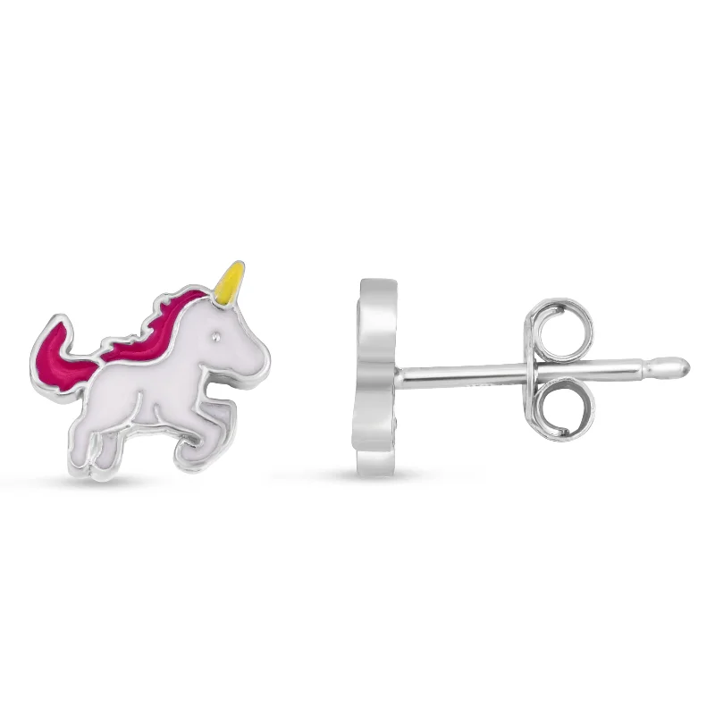 women's intricate design earrings-Silver Enamel Unicorn Studs