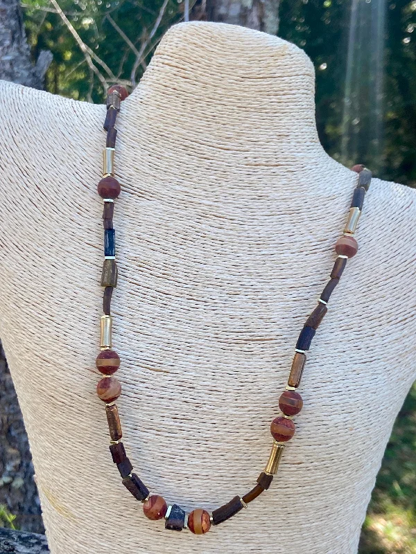 women's large pendant necklaces-Rustic Brown Roman Glass and Tibetan Agate Necklace