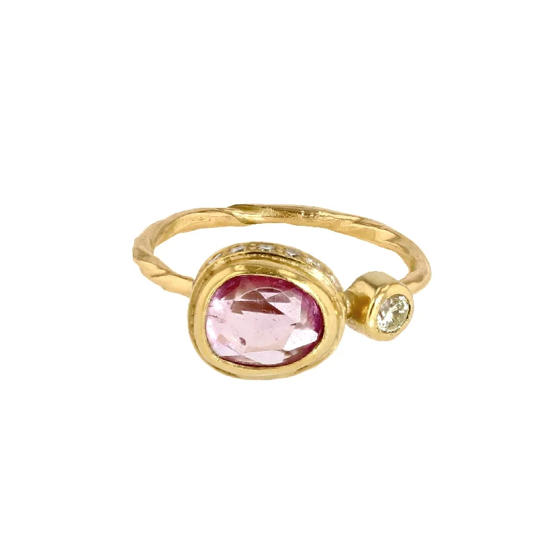 women's stackable rings-Cocktail 18K & 22K Gold Ring w. pink sapphire & Diamonds