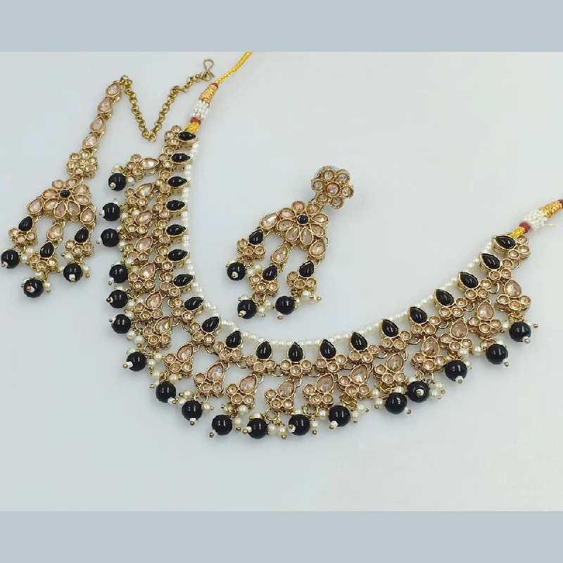 women's long necklaces-Rajwadi Collection Gold Plated Crystal Stone Pearl  And Beads  Necklace Set