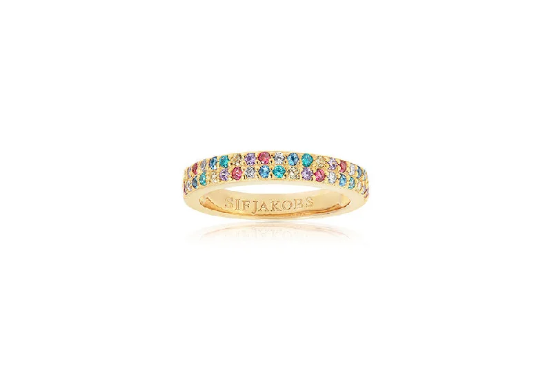 women's colorful rings-Corte Due Gold Plated Ring w. Blue, White, Yellow, Purple & Pink Zirconias