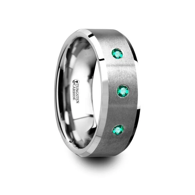 custom engagement rings-ICARUS Brushed Tungsten Men’s Wedding Ring with Polished Beveled Edges & 3 Emeralds - 8mm