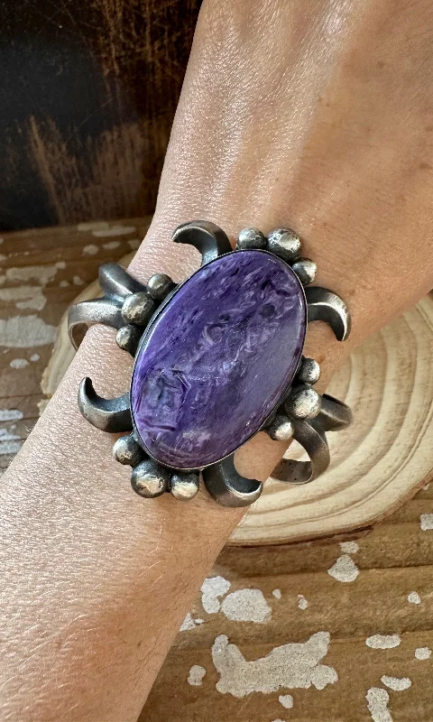 women's minimalist bracelets-CHIMNEY BUTTE Charoite Stone and Sandcast Silver Cuff