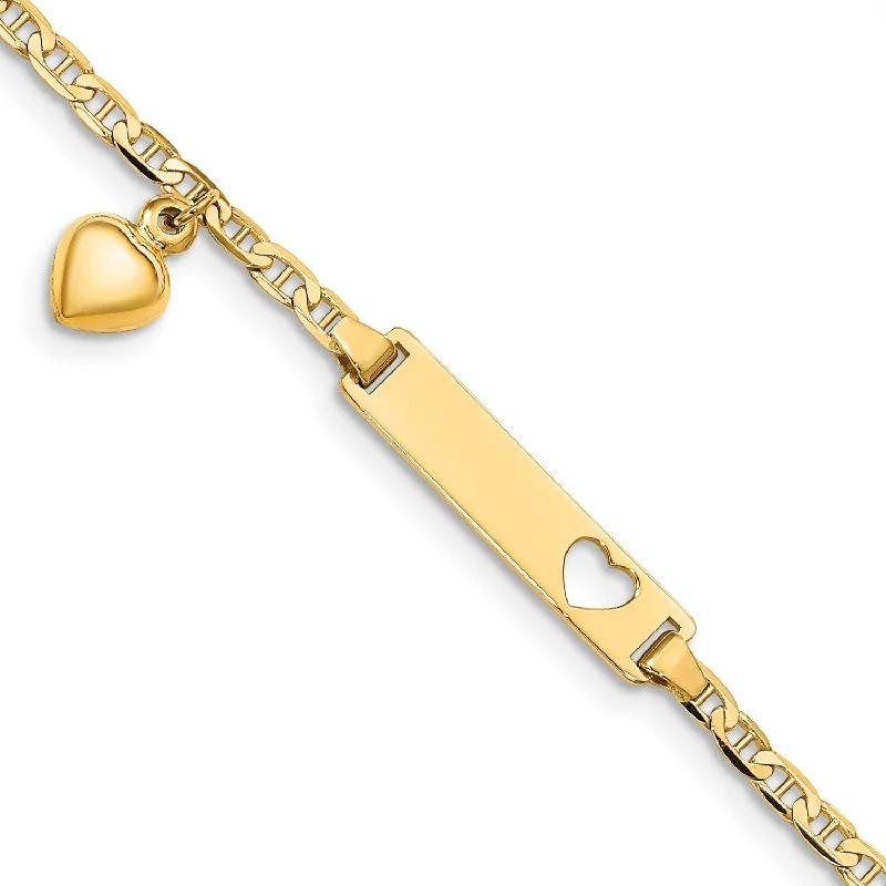 women's leather bracelets-14KT Yellow Gold 6-inch Anchor Link ID Heart Bracelet