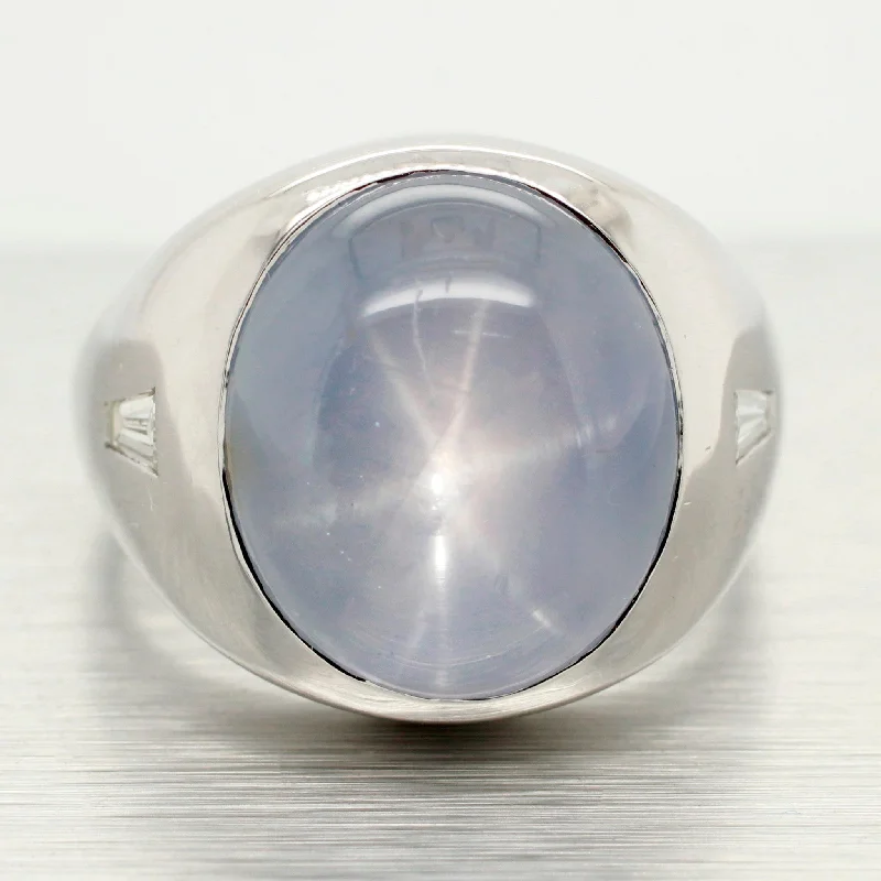 women's gold rings-Vintage 18ct Star Sapphire Signet Ring w/ .50ctw Diamond Accent 14k White Gold