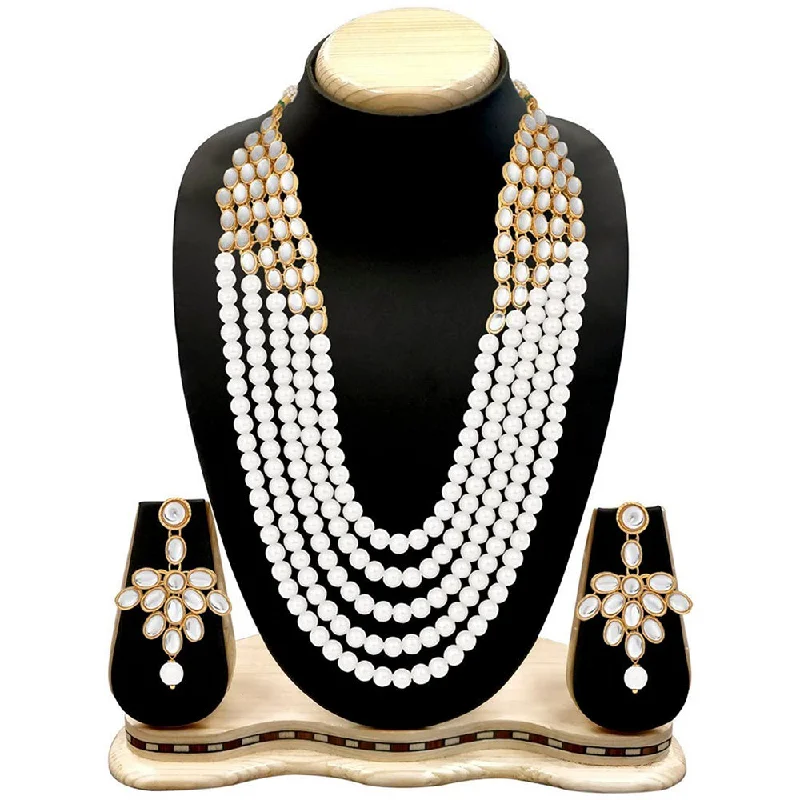 women's chic necklaces-Etnico Wedding Collection 5 Layer Faux Mother-of-pearl and Kundan Rani Haar Necklace Jewellery Set with Earrings for Women (IJ350W)