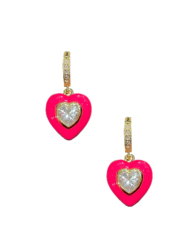 women's colorful earrings-Pink Enamel Bezel Heart Huggies