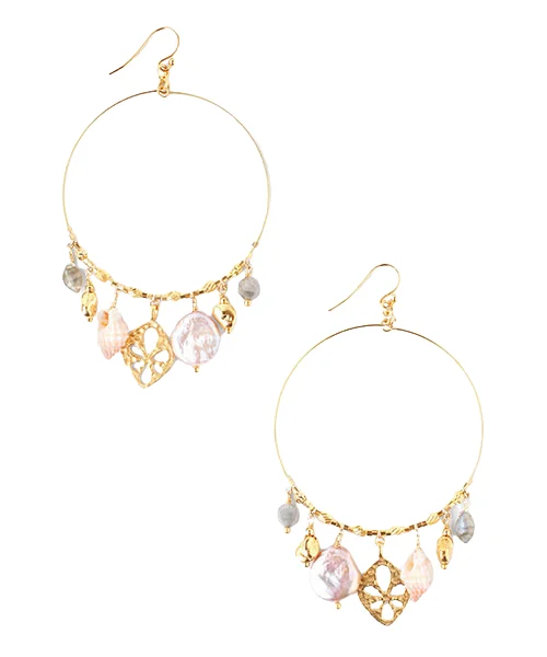 women's elegant drop earrings-Pearl and Shell Dangle Hoops