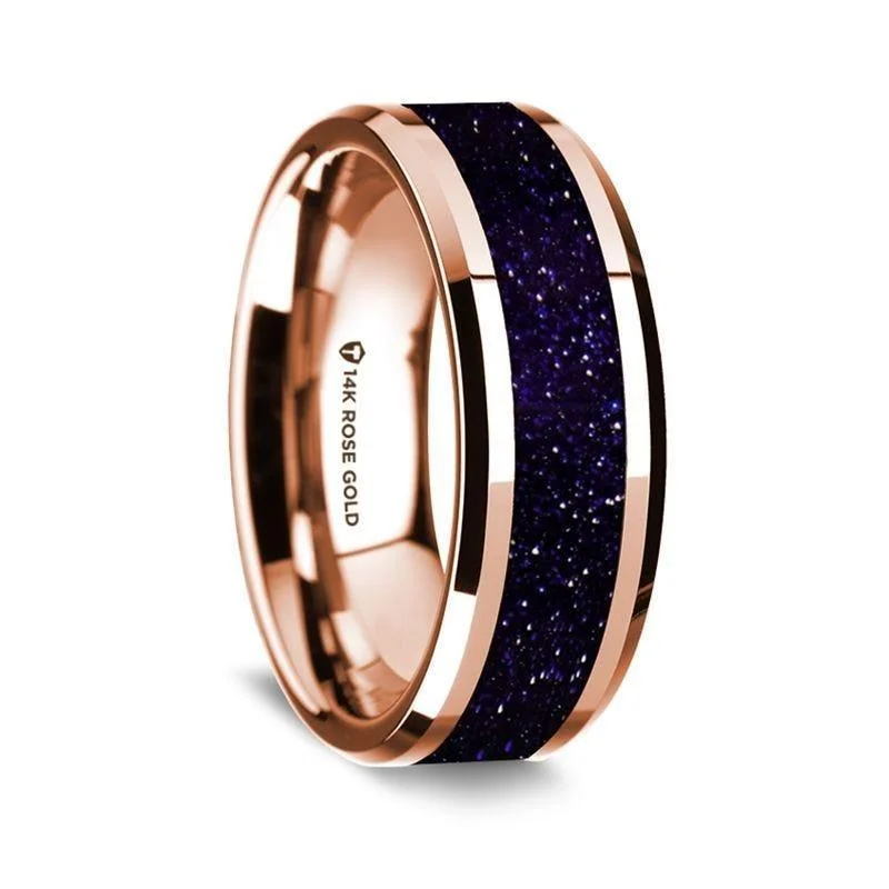 affordable diamond engagement rings-14K Rose Gold Polished Beveled Edges Wedding Ring with Purple Goldstone Inlay - 8 mm