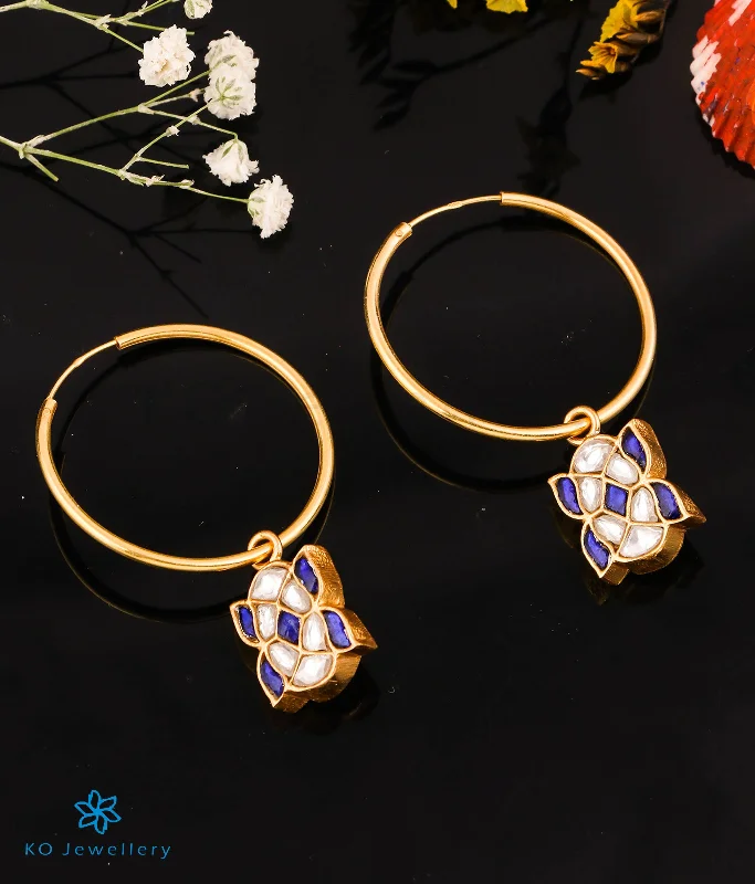 women's butterfly earrings-The Blue Flower Silver Kundan Hoops