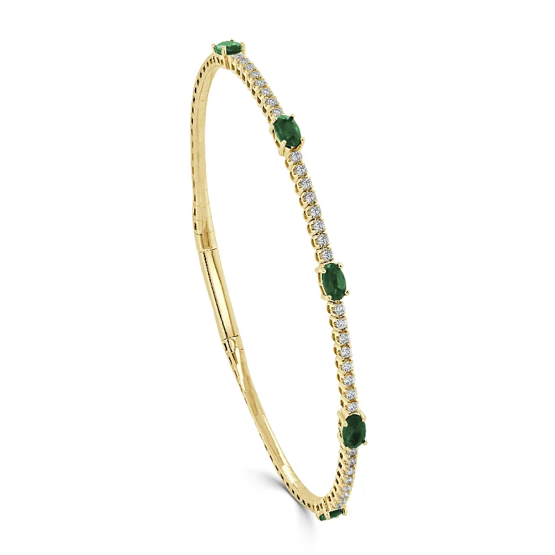 women's diamond charm bracelets-14K Gold Emerald & Diamond Station Flexible Bangle