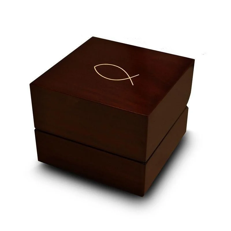 engagement rings with diamonds-Christianity Fish Symbol Engraved Chocolate Dark Wood Personalized Wooden Wedding Ring Box