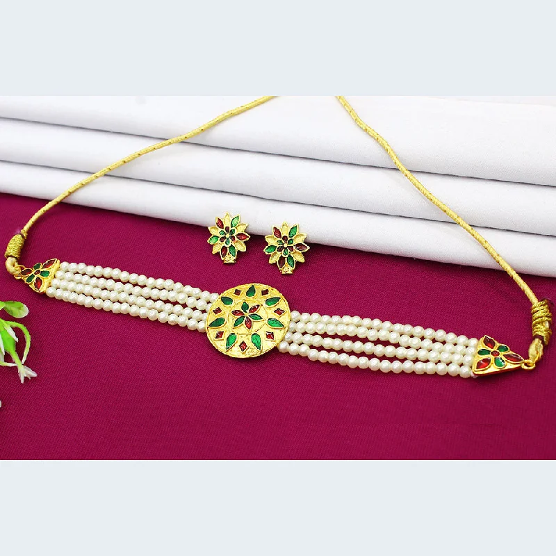 women's dainty necklaces-Mahavir Dye Gold Pearl Choker Necklace Set