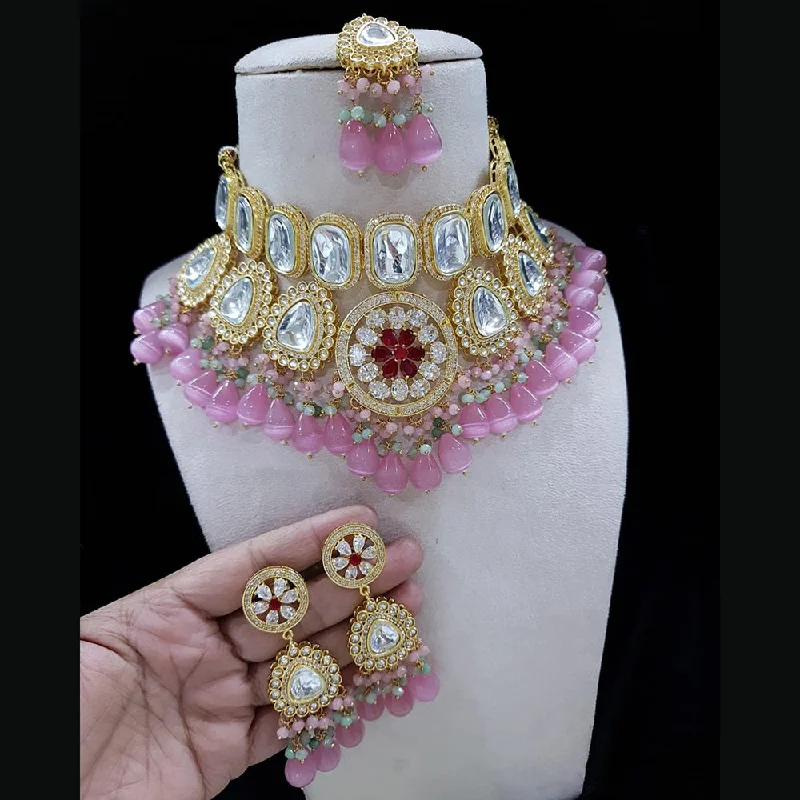 women's classic gold necklaces-Shubhratnam Jewellers Gold Plated Kundan Necklace Set