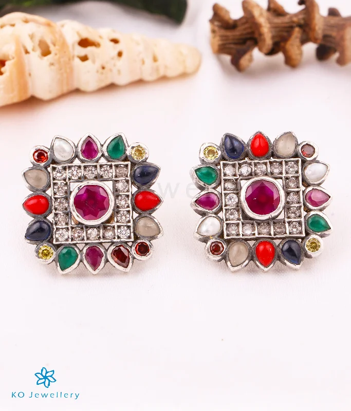 women's drop earrings-The Vishruth Silver Ear-studs (Navratna/Oxidised)