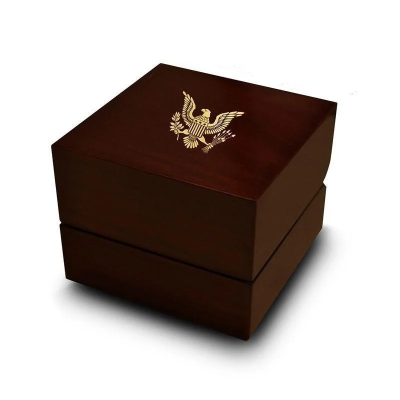 engagement rings with matching bands-Flying Eagle Emblem Engraved Chocolate Dark Wood Personalized Wooden Wedding Ring Box