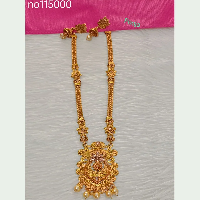 women's cute necklaces-Pooja Bangles Gold Plated Crystal Stone Long Necklace Set