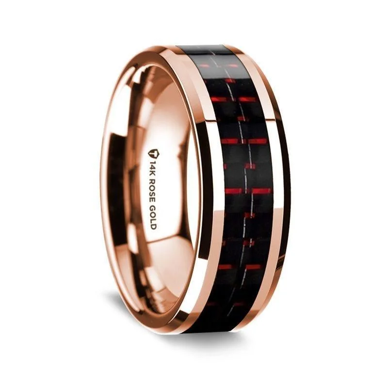 matching engagement and wedding rings-14K Rose Gold Polished Beveled Edges Wedding Ring with Black and Red Carbon Fiber Inlay - 8 mm