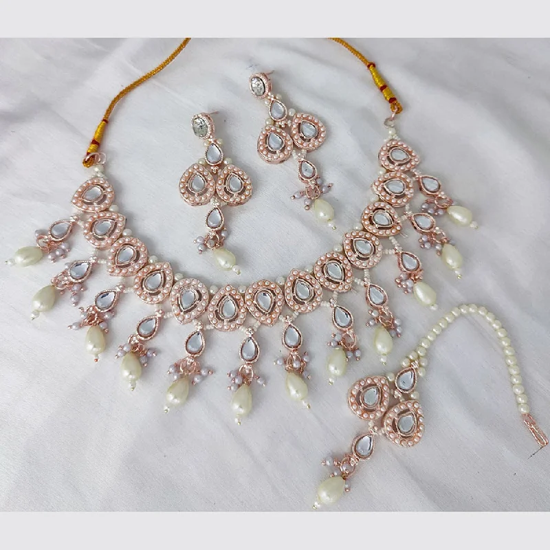 women's trendy silver necklaces-Lucentarts Jewellery Rose Gold Plated Kundan Necklace Set